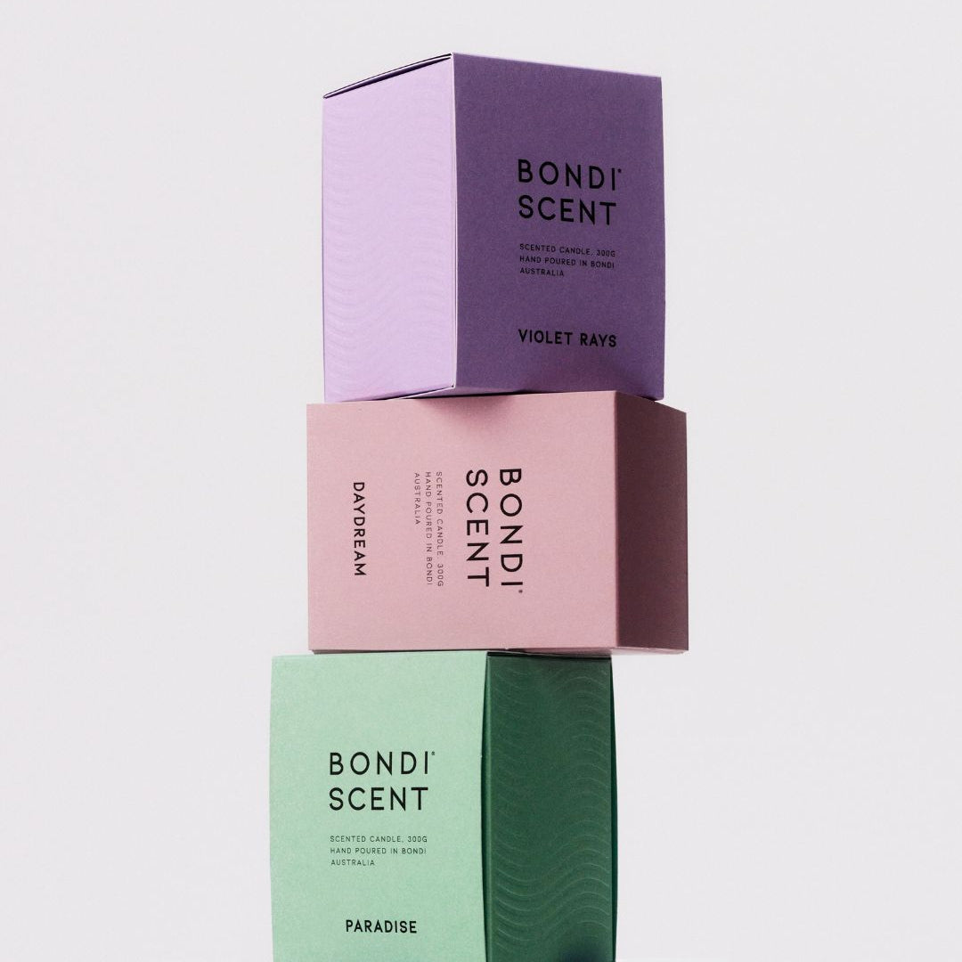 Bondi Scent Dopamine Trio scented candle boxes stacked on white background