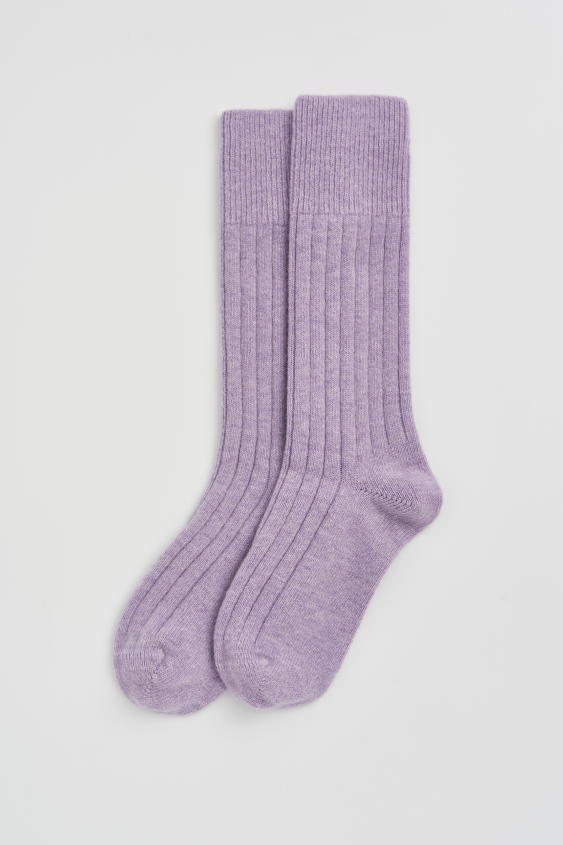 Pair of purple socks on a light gray background