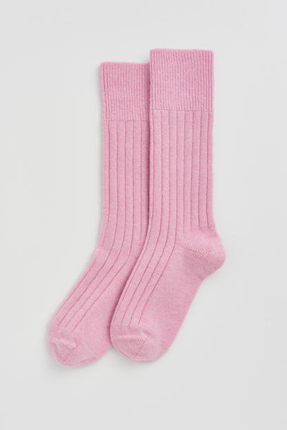 Pair of pink socks on a light gray background