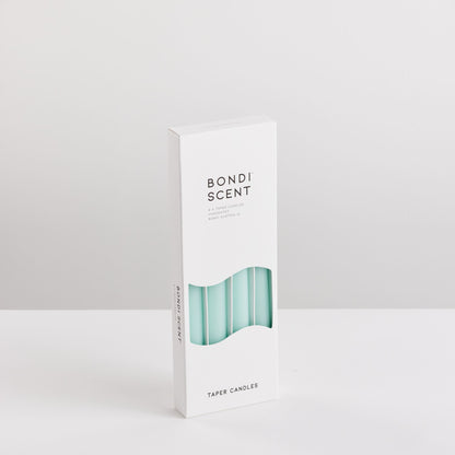Bondi Scent mint taper dinner candles in packaging box on white background