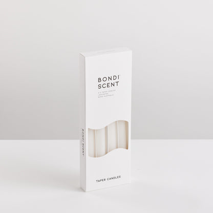 Bondi Scent white taper dinner candles in packaging box on white background